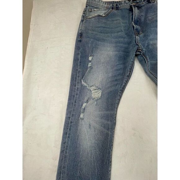 Akoo Straight Jeans Men's Size 38 Blue Denim Solid Cotton Distressed High-Rise - Picture 4 of 16